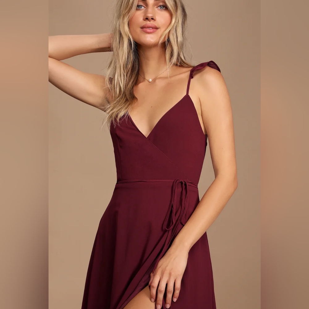 Lulu's Here's to Us Burgundy High-Low Wrap Dress